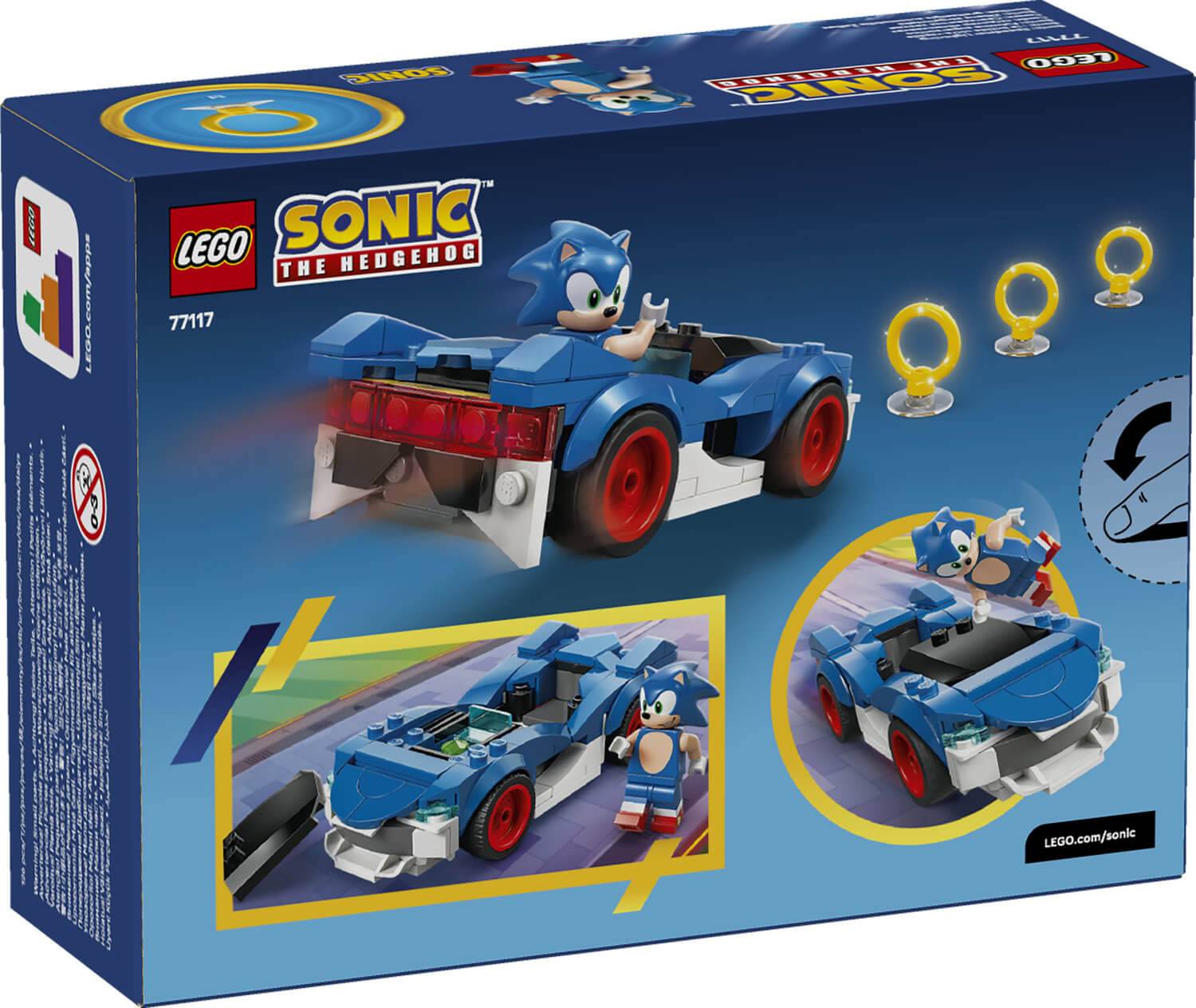 LEGO-Set mit Sonic dem Igel in einem blauen Rennwagen mit drei angezeigten goldenen Ringen.