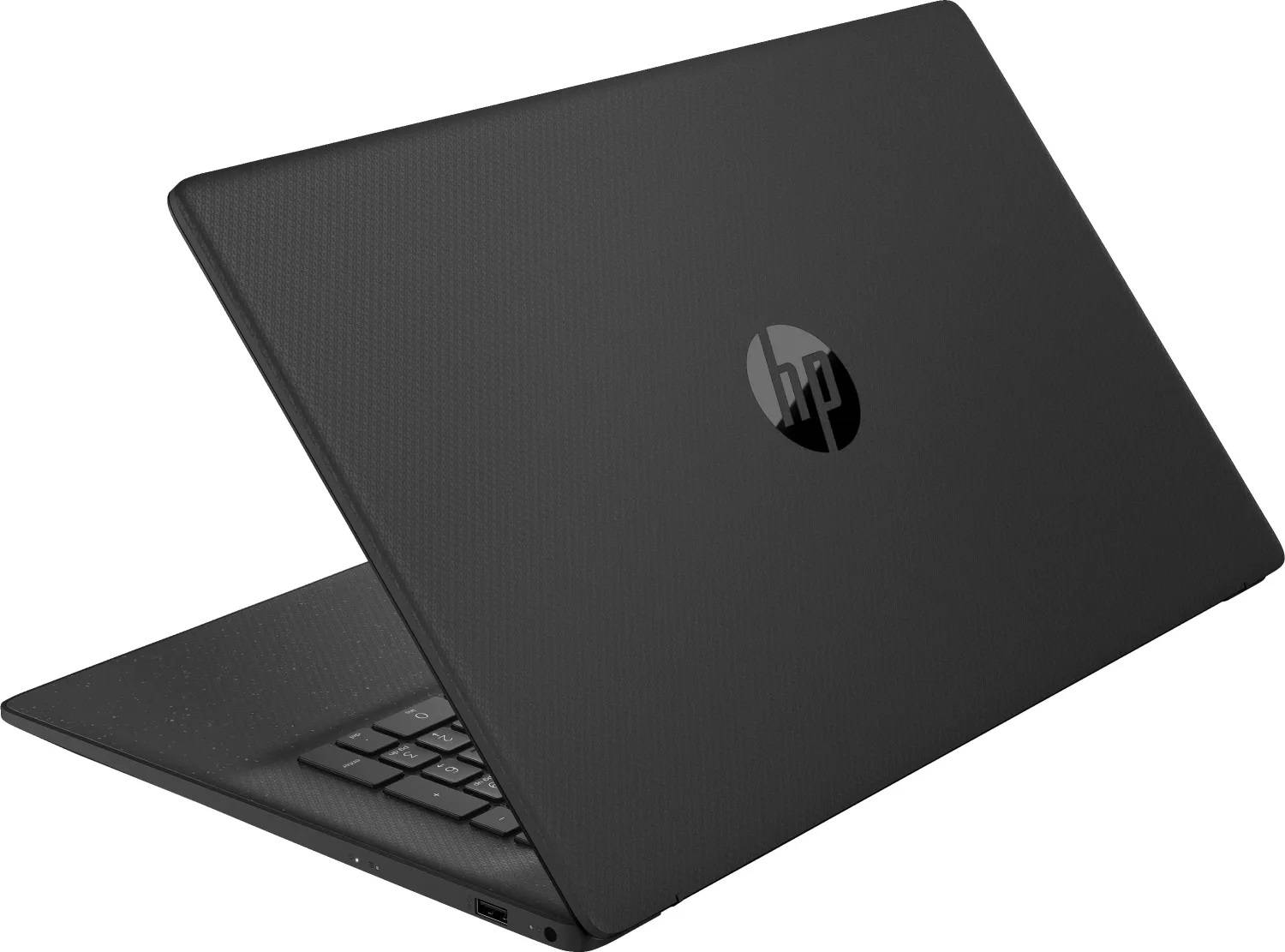 Ein schwarzer Laptop mit dem HP-Logo auf der Rückseite des Deckels, leicht geöffnet, wodurch ein Teil der Tastatur sichtbar wird.