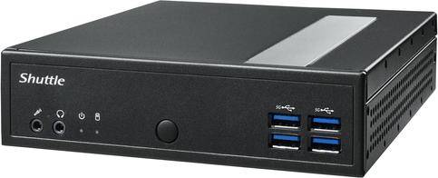 Schwarzer Shuttle Mini-PC-Gehäuse mit vorderer Stromschaltfläche, Audiobuchsen, USB-Anschlüssen und Statusleuchten.