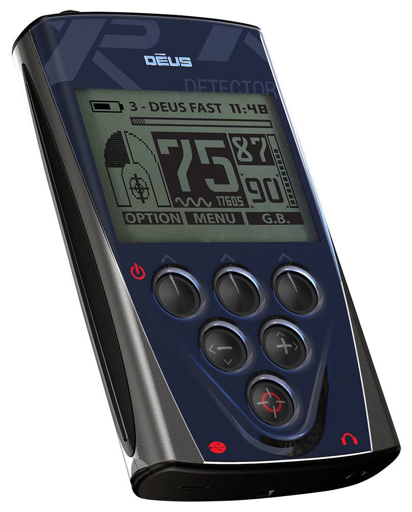 Ein tragbares elektronisches Gerät mit einem Display, das Symbole und Zahlen anzeigt, einschließlich „DEUS FAST 11:48