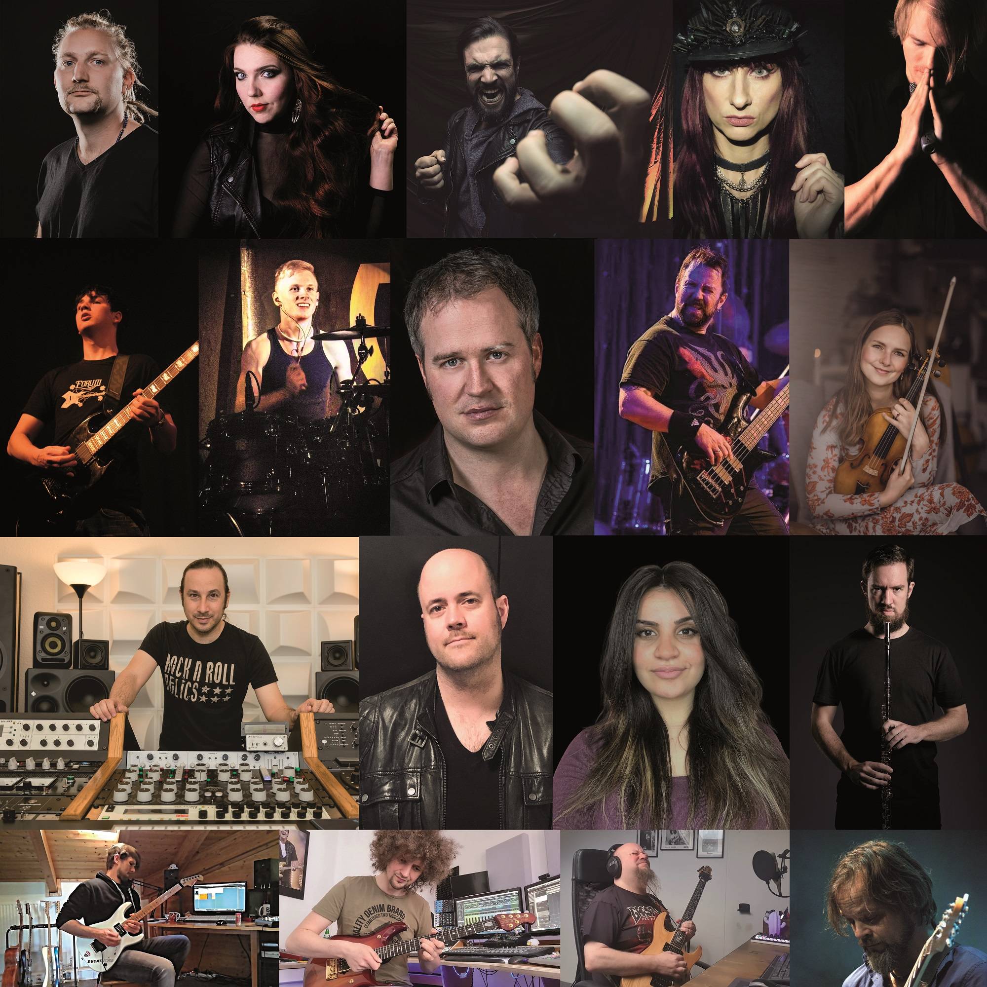 Collage von Musikern und Musikinstrumenten mit verschiedenen Künstlern, die in unterschiedlichen Umgebungen Gitarre, Schlagzeug, Keyboard und Geige spielen.