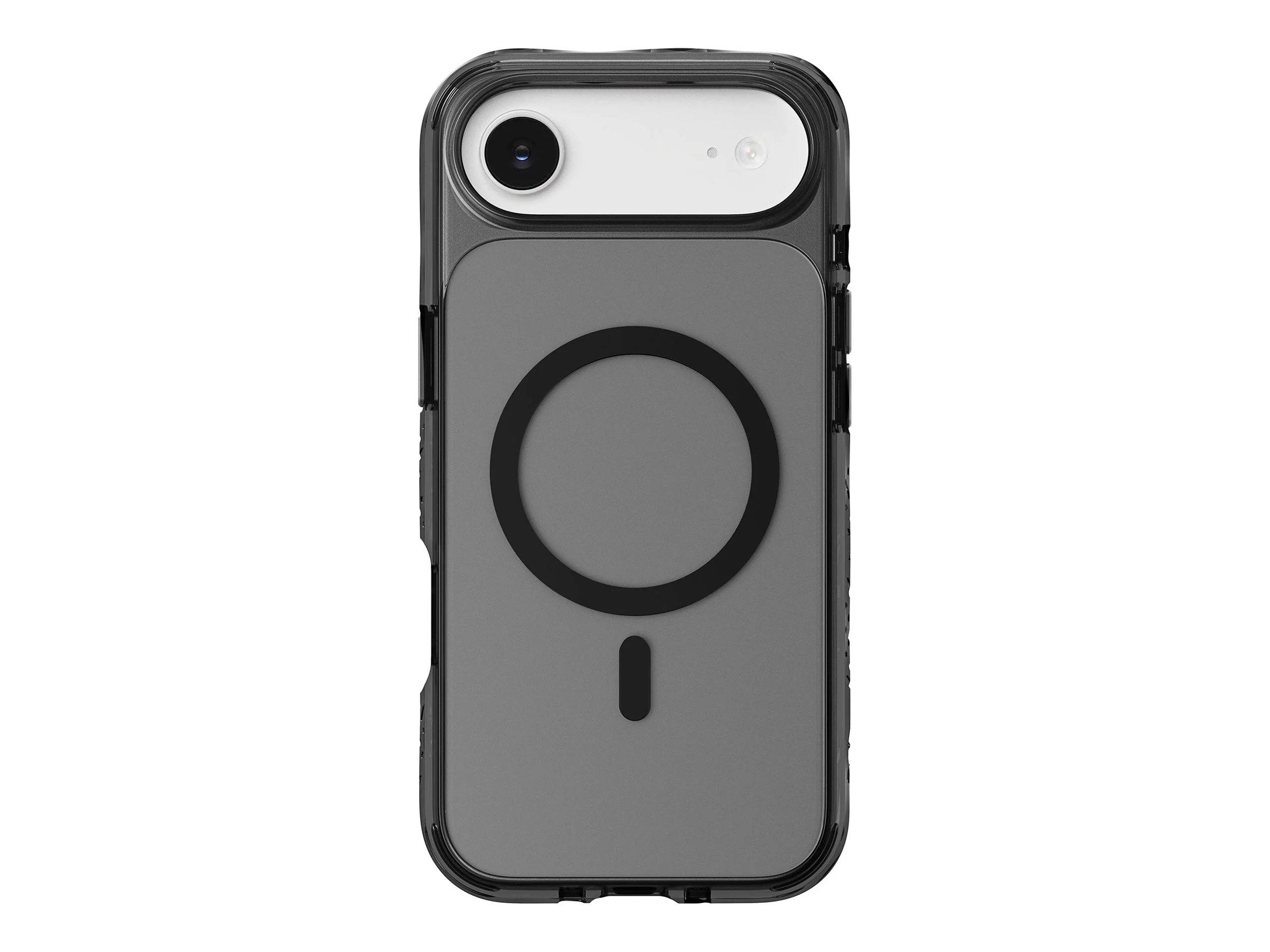Ein schwarzes iPhone-Hülle mit transparenter Rückseite, die ein kreisförmiges MagSafe-Design zeigt, entwickelt für iPhone-13-Modelle.