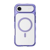 Eine Smartphone-Hülle mit transparenter Vorderseite und violettem Rand, mit weißer Rückseite und einem zentralen lavendelfarbenen kreisförmigen MagSafe-Symbol.