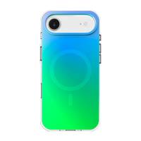 Ein Smartphone mit einem lebendigen Gradientenetui, das oben von Blau zu Grün unten übergeht. Die Kamera und der Blitz sind sichtbar.