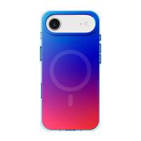 Ein Smartphone in einem blaugradienten Gehäuse mit einem prominenten kreisförmigen Design auf der Rückseite, das wahrscheinlich auf magnetische Ladefähigkeit hinweist.