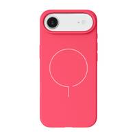 Rote Handyhülle mit kreisförmigem Design umgibt ein Smartphone, Linse in der oberen linken Ecke.