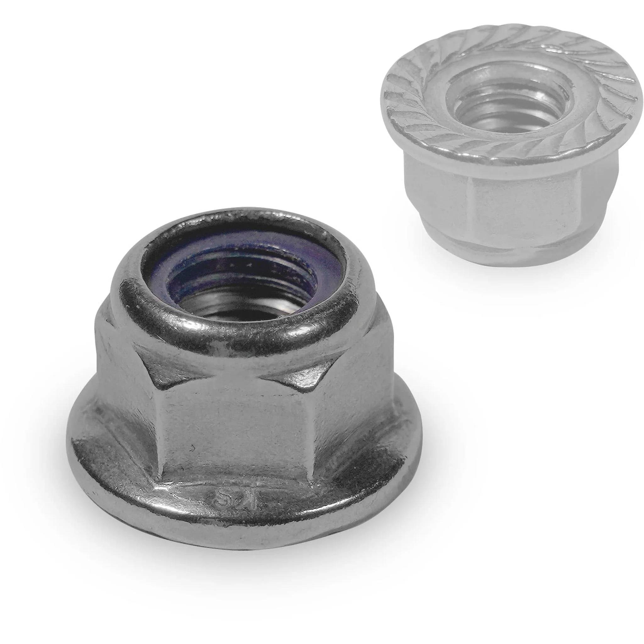 Zwei Metallflanschen-Sicherungsmuttern, eine von vorne und eine von der Seite dargestellt, mit einer blauen Nylon-Einsatz zum Sichern von Bolzen.