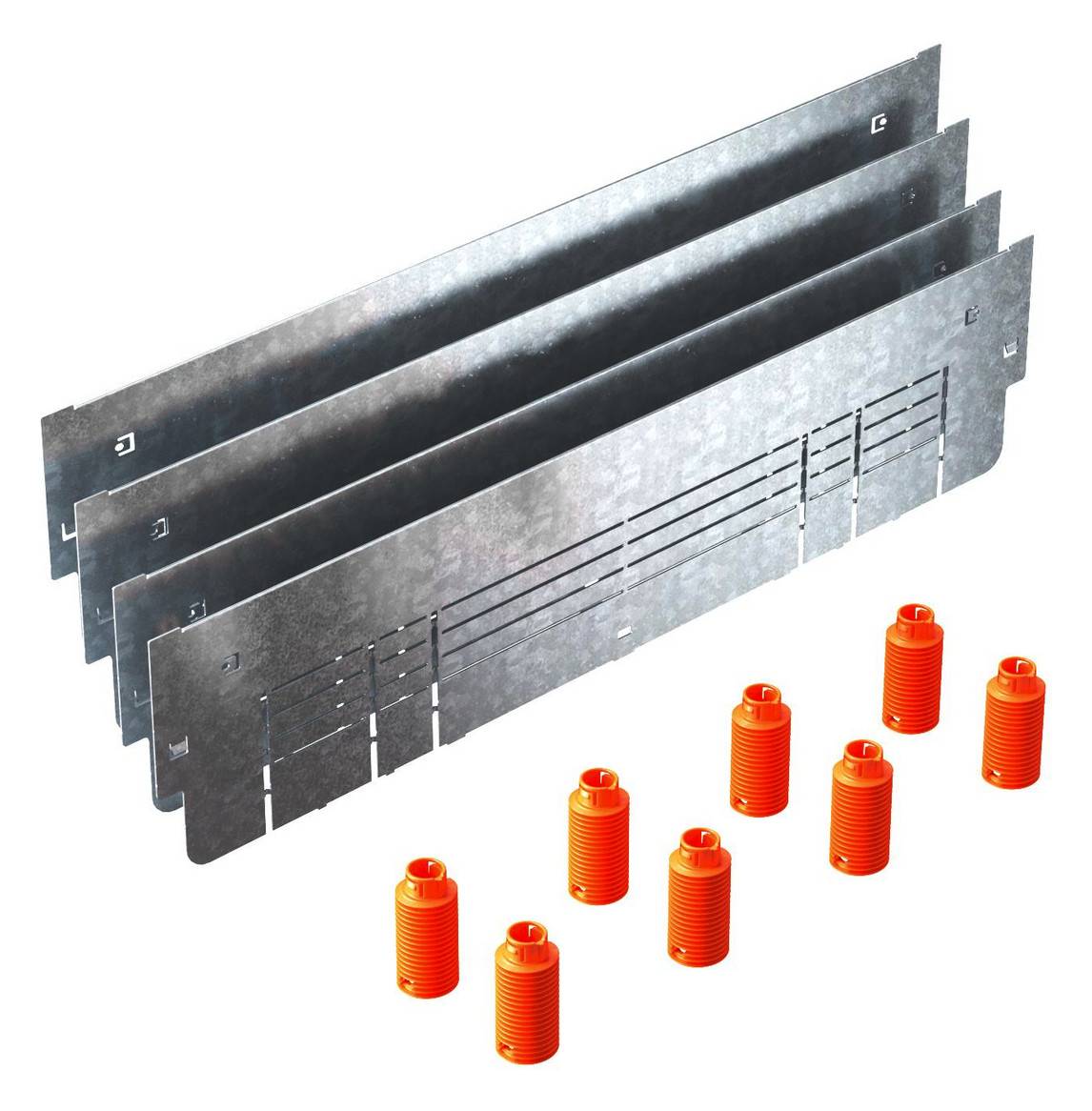 Metallüftungsgitter mit Schlitzen, die hinter einem Satz von acht orangefarbenen Kunststoffpflöcken angezeigt werden.