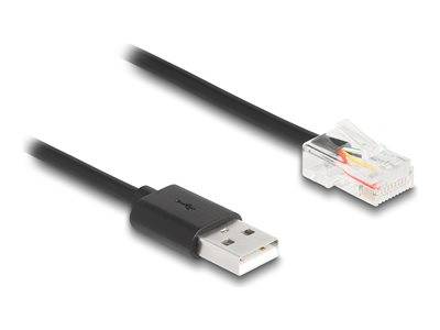 Nahaufnahme eines USB-auf-RJ45-Adapterkabels mit beiden Steckern; USB-Ende links, RJ45-Ende rechts, vor weißem Hintergrund.