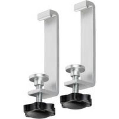 Zwei weiße Metallhaken mit verstellbaren Schrauben und schwarzen Knöpfen, die zum Befestigen von Gegenständen an einer Oberfläche verwendet werden.