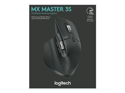 Logitech MX Master 3S kabellose Maus Verpackung; Funktionen umfassen MagSpeed, ultraschnelles Scrollen. Text: 'Die Master Series von Logitech'.