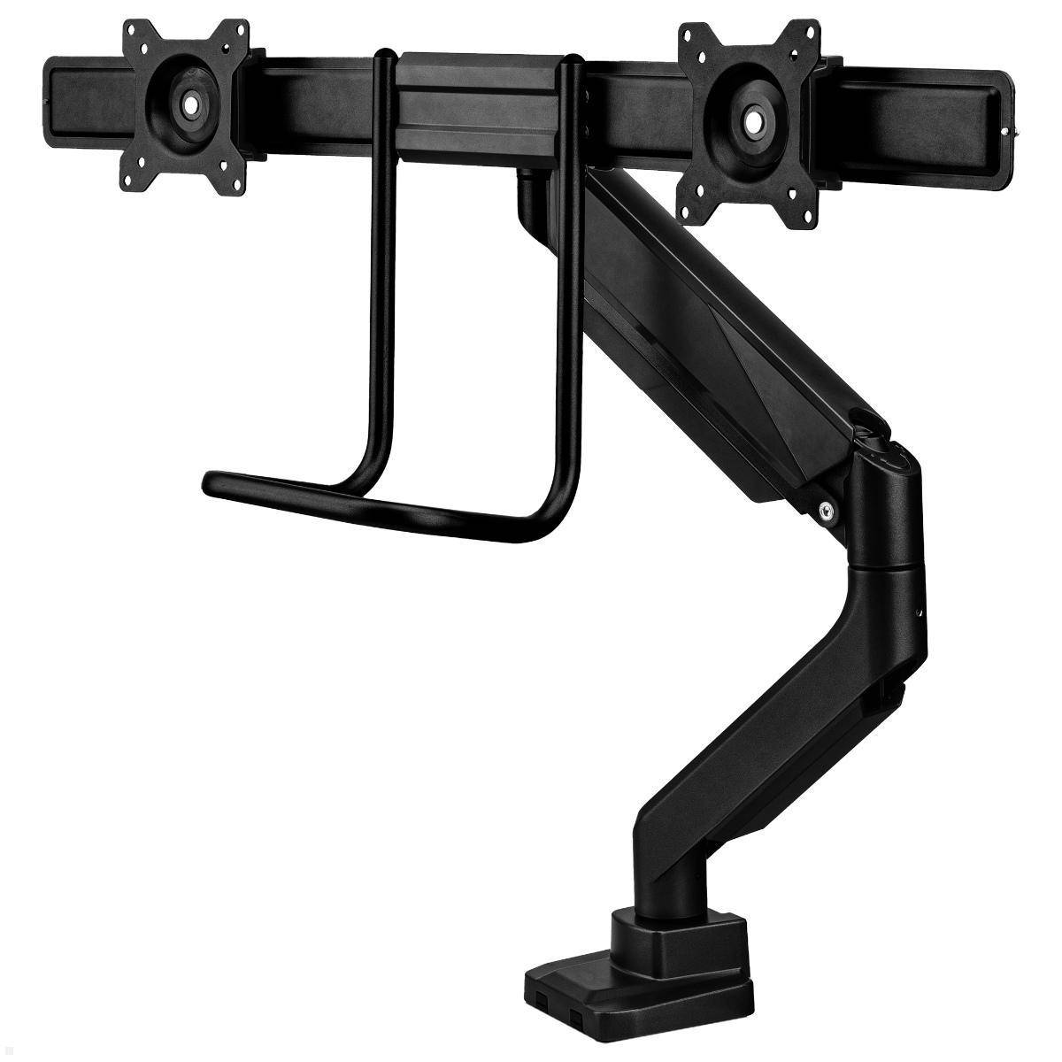 Ein schwarzer, verstellbarer Dual-Monitor-Ständer für Schreibtische mit Schwenk- und Neigungsfunktionen für ergonomische Positionierung.