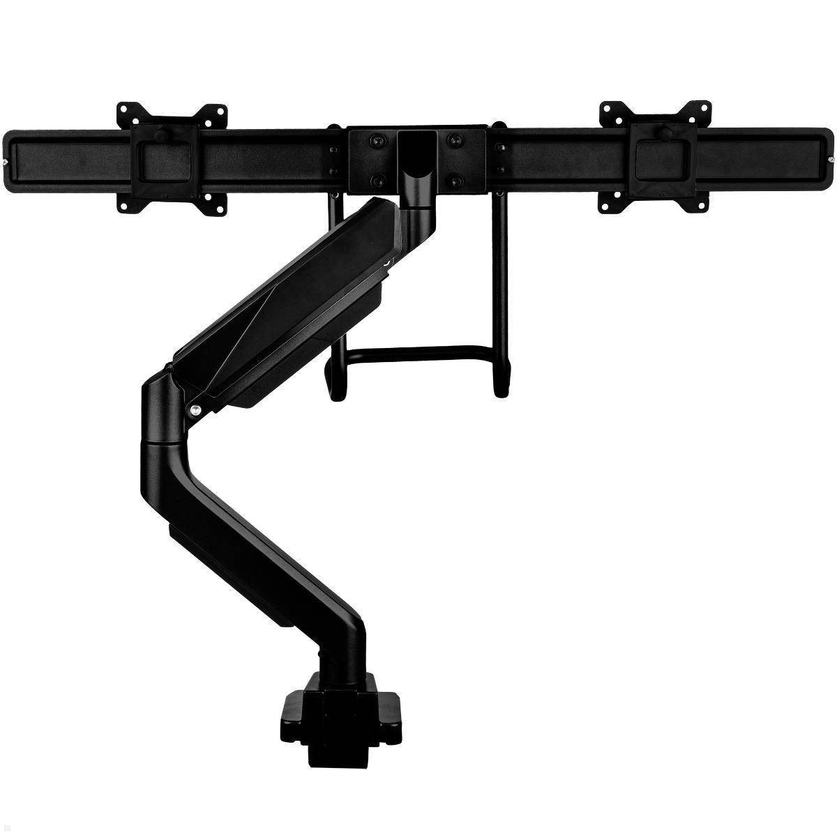 Eine Dual-Monitor-Armhalterung in Schwarz, entworfen zur Unterstützung von zwei Bildschirmen in horizontaler Ausrichtung. Verfügt über verstellbare Arme für flexible Positionierung.