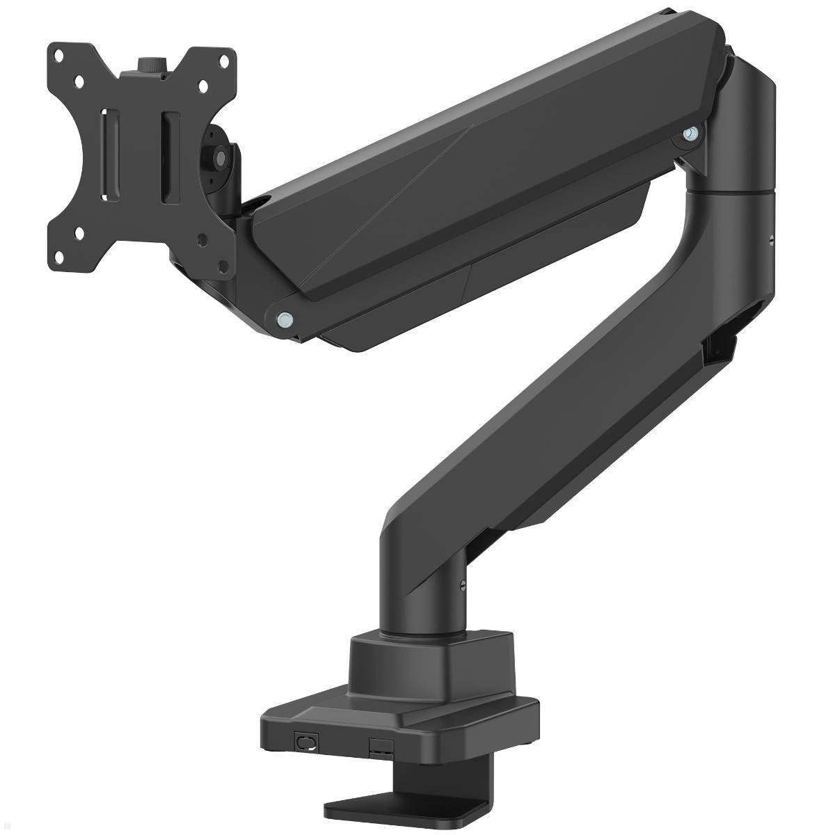 Ein schwarzer, verstellbarer Monitorarm mit VESA-Halterung, konzipiert zur Unterstützung und Positionierung eines Computerbildschirms. Der Arm verfügt über mehrere Gelenke für flexible Bewegungen.