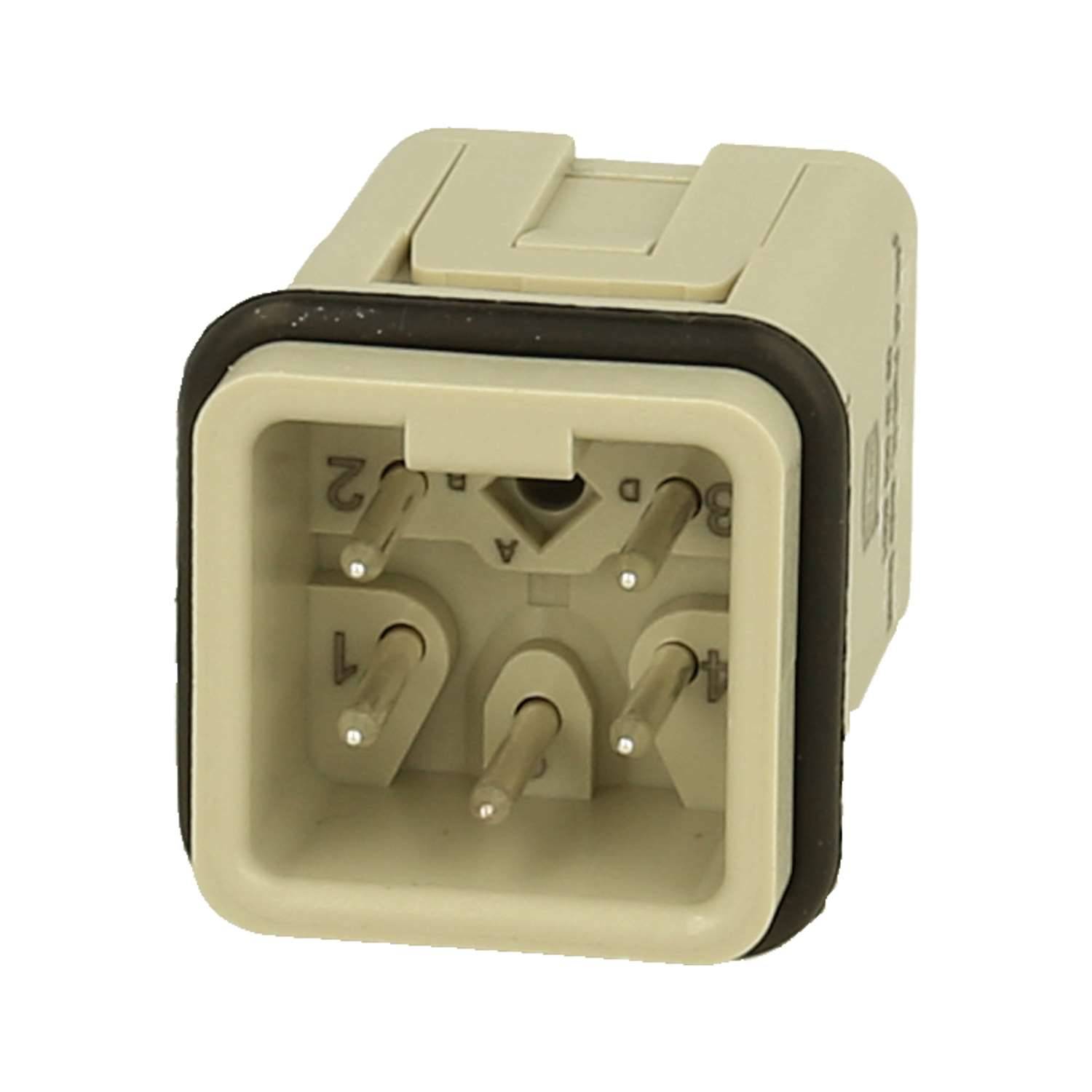 Ein beiger rechteckiger Elektrostecker mit fünf metallischen Stiften und einer schwarzen Gummieinfassung, entwickelt zum Anschließen an kompatible Anschlüsse.