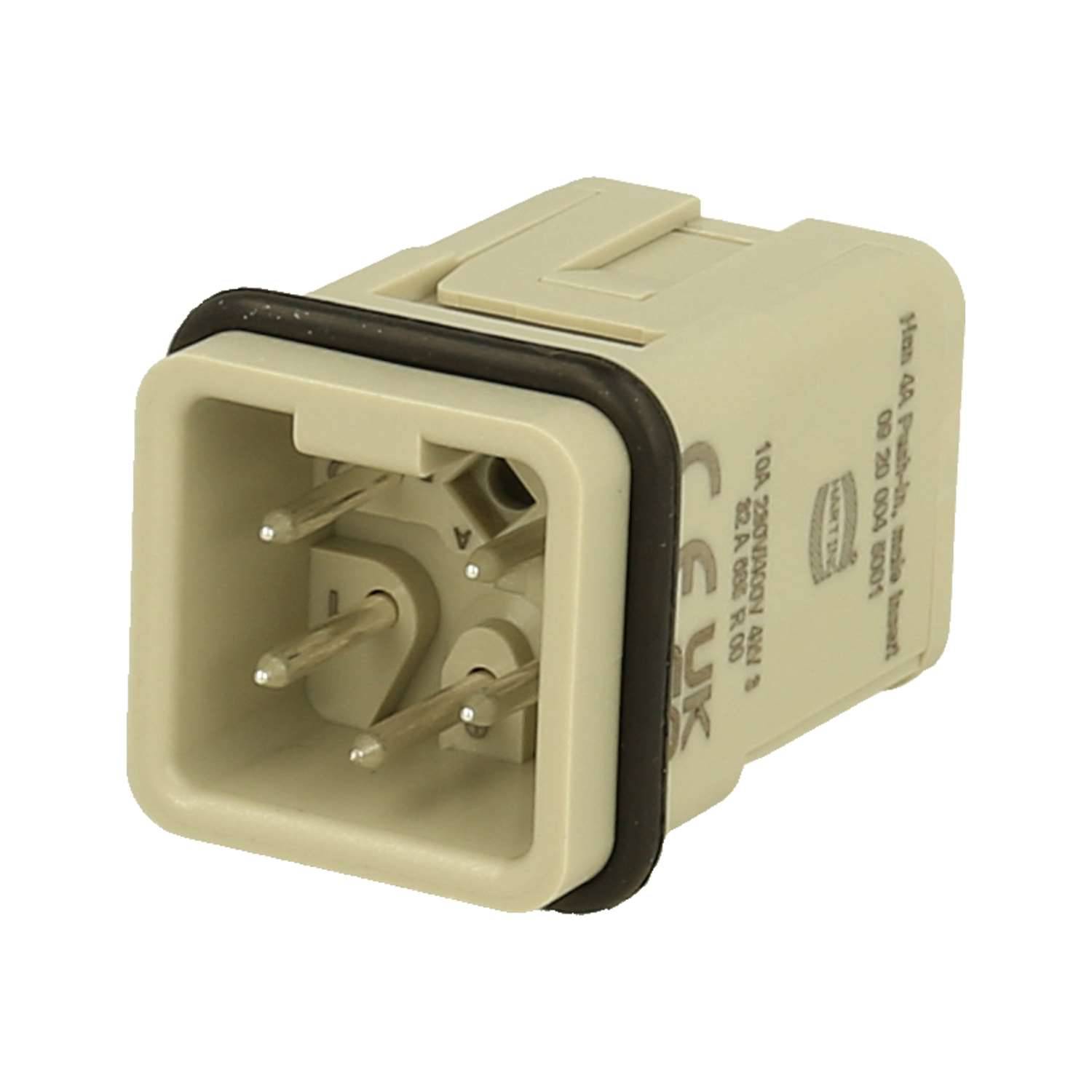 Ein beigefarbener Elektrostecker-Adapter mit mehreren Stiften und schwarzem Rand, entwickelt zum Verbinden von Geräten mit verschiedenen Steckertypen.