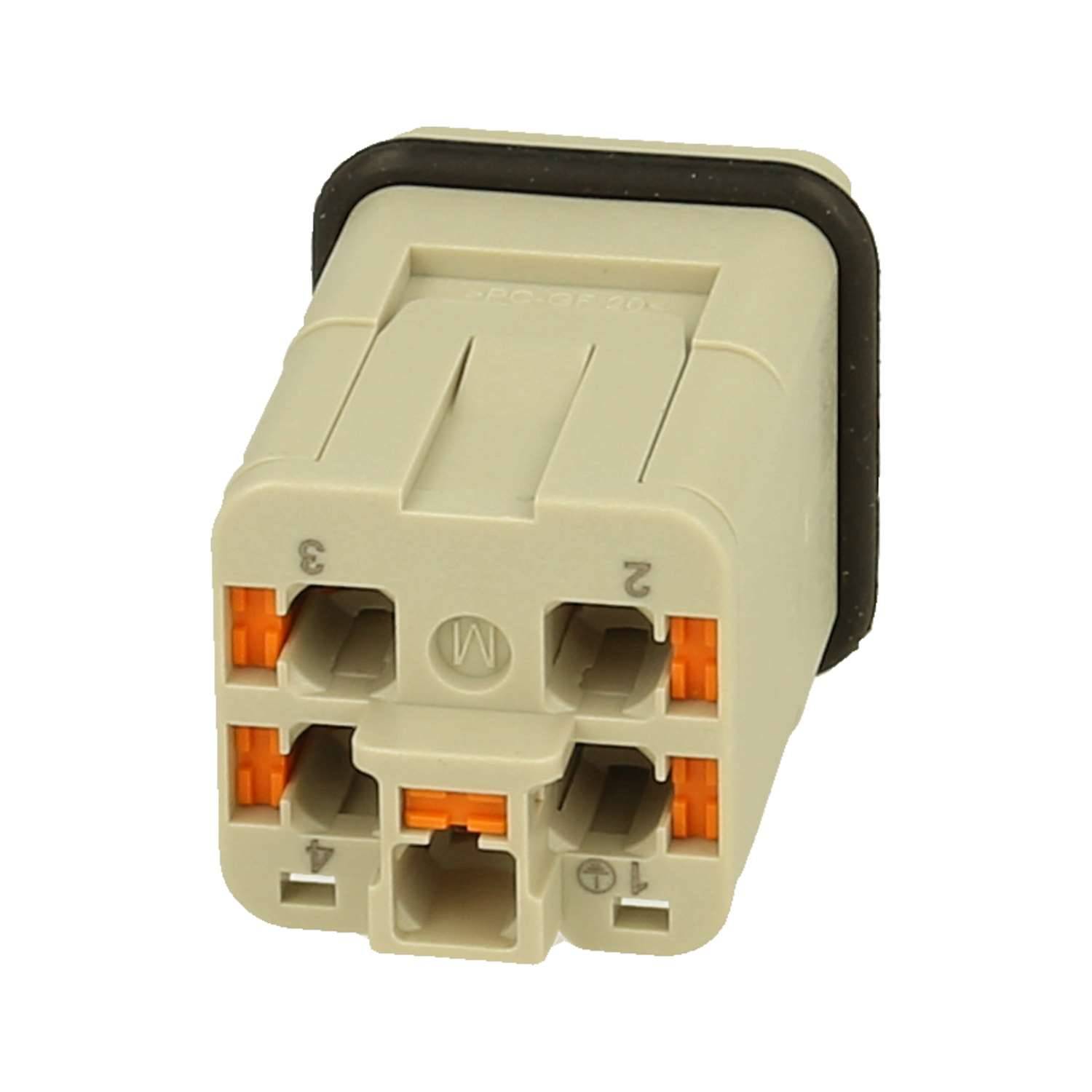 Ein beiger rechteckiger Elektrostecker mit sechs Schlitzen, von denen jeder mit den Nummern 1 bis 6 gekennzeichnet ist, mit orangefarbenen internen Elementen.