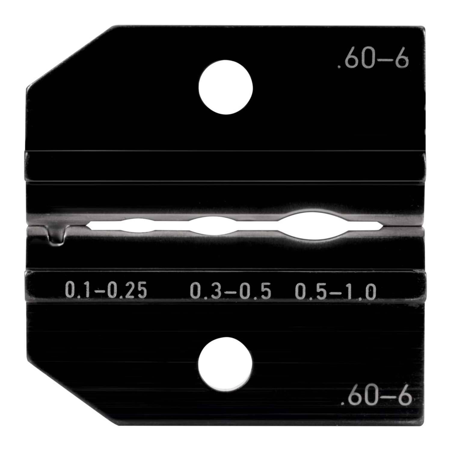 Stahlblechdickenlehre mit kreisförmigen Ausschnitten und beschrifteten Bereichen von 0,1–1,0 und 0,60–6, verwendet zum Messen von Materialdicken.