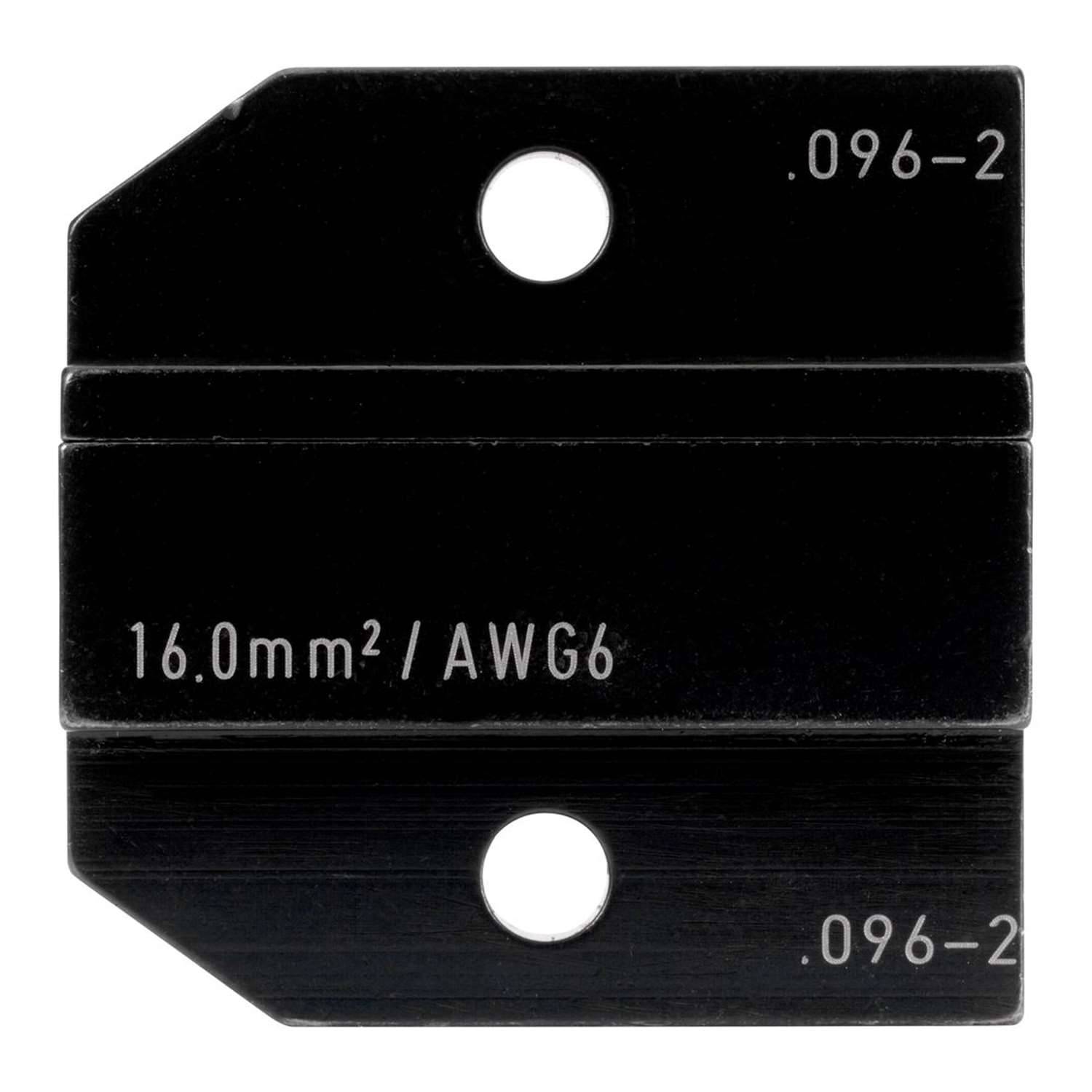Metallmesswerkzeug mit Beschriftung 16,0mm²/AWG6 mit zwei Löchern für Messlehren, auf beiden Seiten mit den Nummern .096-2 eingraviert.