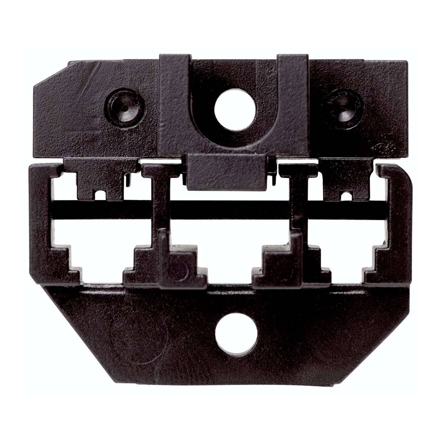 Ein schwarzes Kunststoffbauteil mit mehreren geometrischen Ausschnitten und Löchern, wahrscheinlich als Montage- oder Verbindungshalterung in mechanischen Baugruppen verwendet.