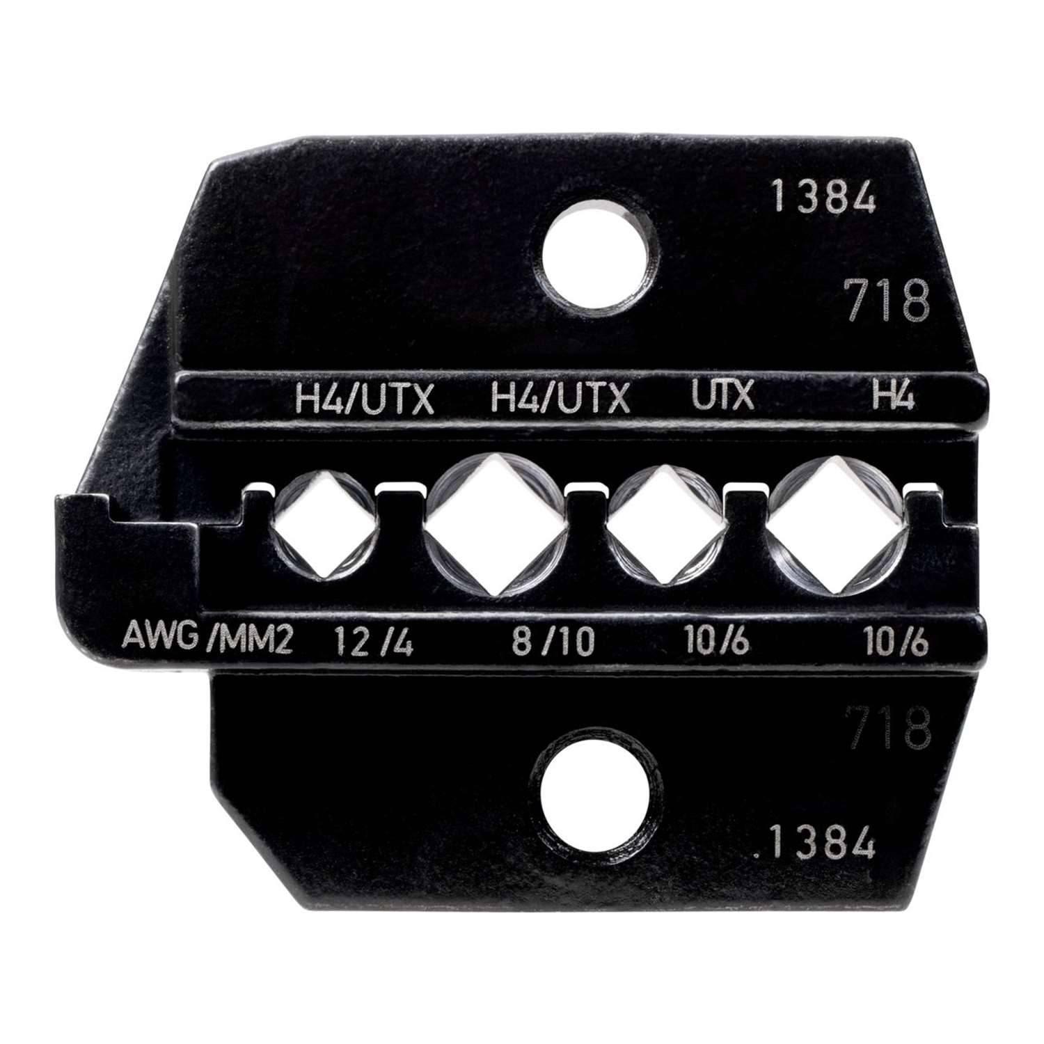 Eine Nahaufnahme eines Crimpwerkzeugs mit den Bezeichnungen '1384' und '718', auf dem Größenmessungen zu sehen sind: 'AWG/MM2 12/4', '8/10', '10/6', '10/6' und 'H4/UTX'.