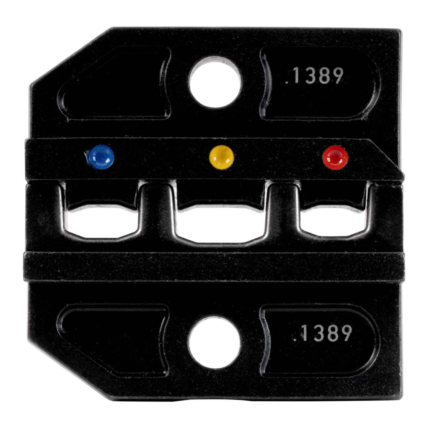 Ein schwarzer Kabelorganizer aus Metall mit drei eingebetteten farbigen Punkten: blau, gelb und rot, zur Verwendung bei der Kabelorganisation.