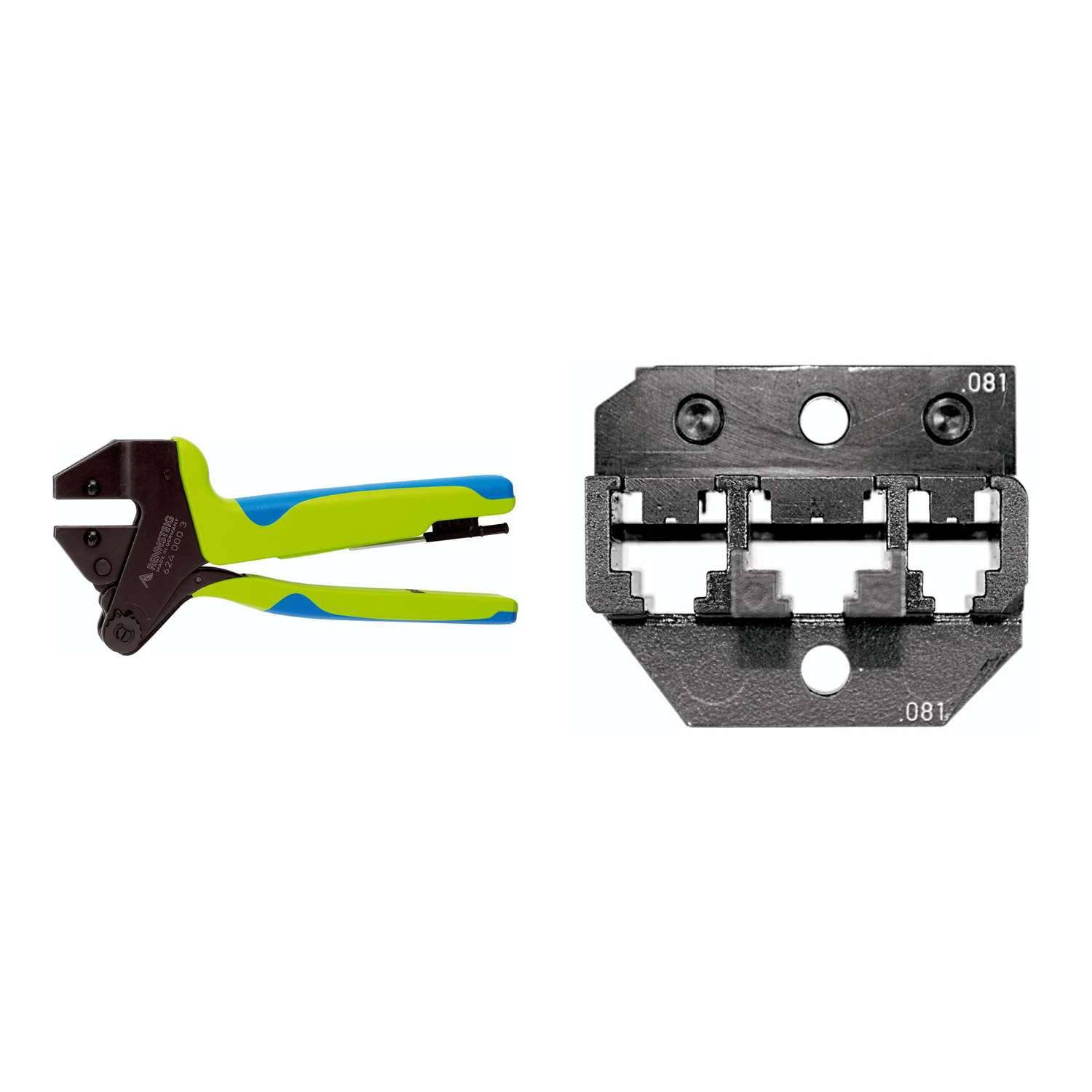 Crimpwerkzeug mit Griffen und austauschbarem Backenaufsatz mit Seriennummer 081, entwickelt für Drahtverbinder.