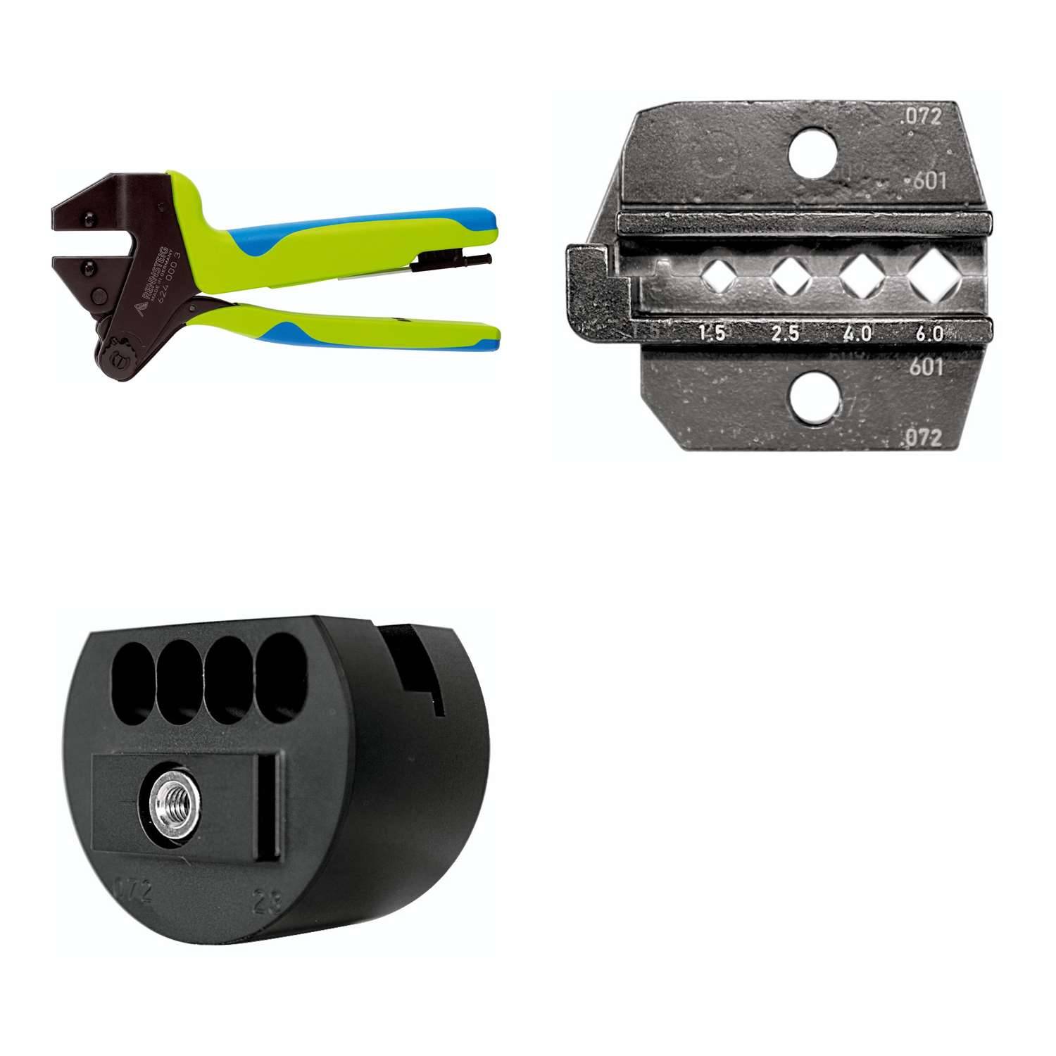 Abbildung zeigt einen Crimpwerkzeugsatz mit Matrize und Messstabstäben. Ein Verbinder mit mehreren Schlitzen wird ebenfalls angezeigt, was die Kompatibilität anzeigt.