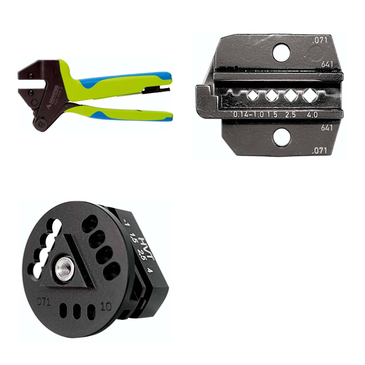 Drahtabziehtool mit grünen und blauen Griffen, rechteckige Crimpstanze mit der Markierung '.071' und runde Stanze mit Dreieckmustern.