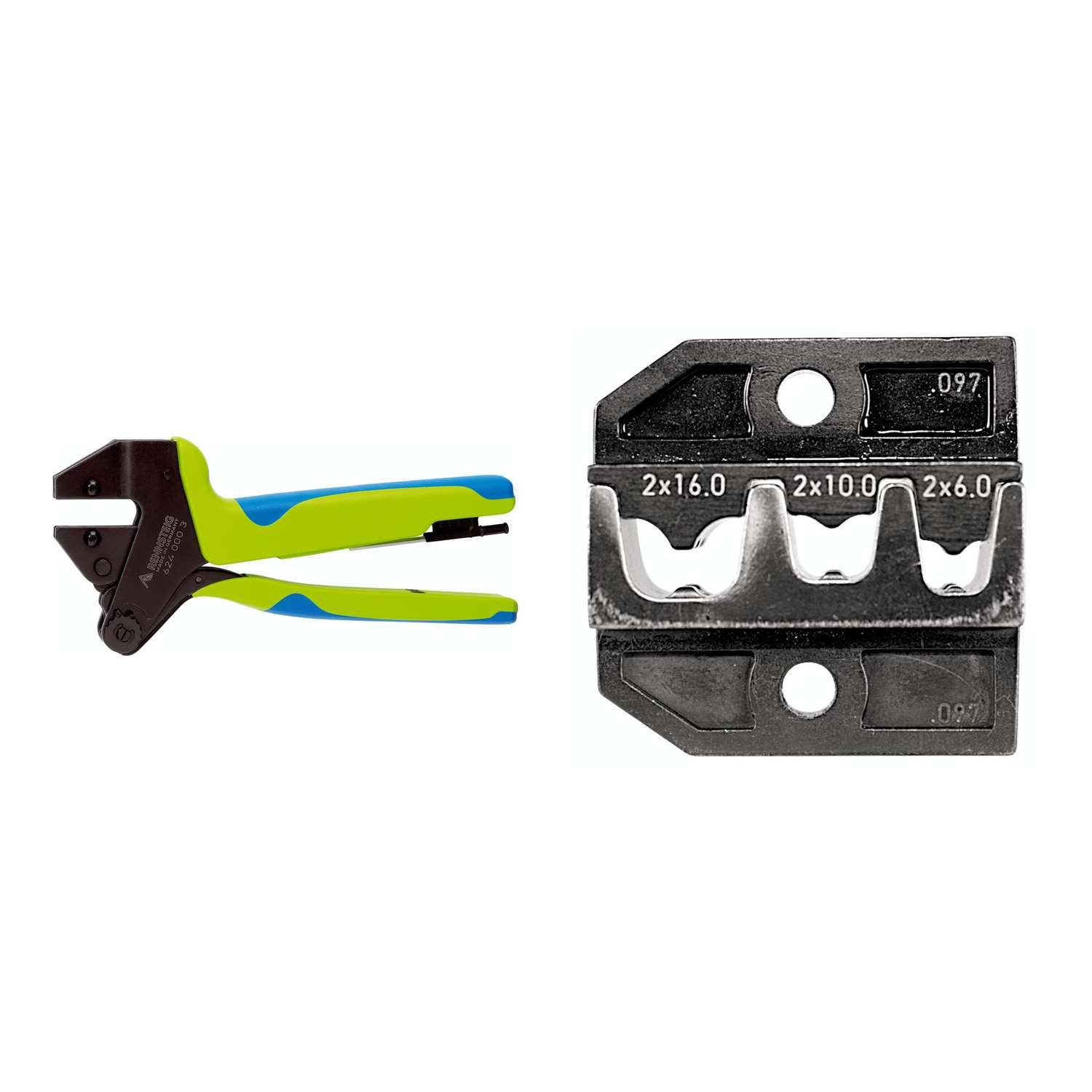 Ein Drahtkrimper mit grünen und blauen Griffen wird neben einer Krimpmatrize mit der Beschriftung 