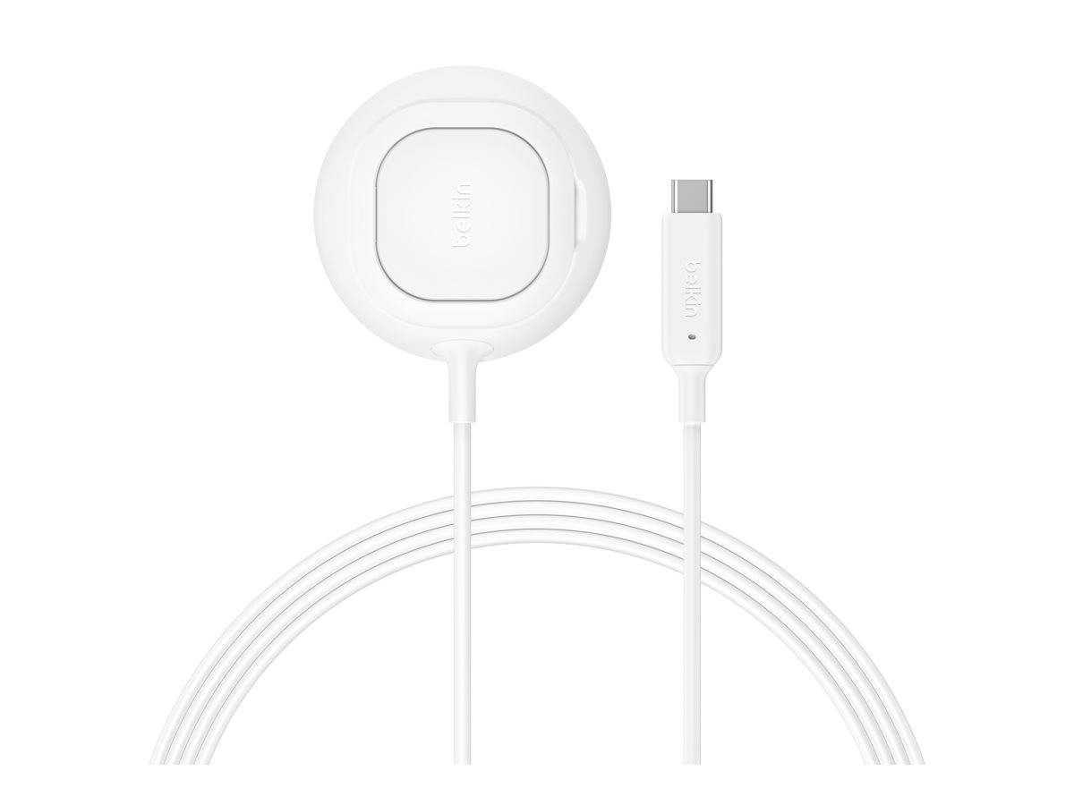 Weiße kabellose Ladefläche mit angebrachtem USB-C-Kabel, dargestellt mit aufgewickeltem Kabeldetail auf einfachem Hintergrund.