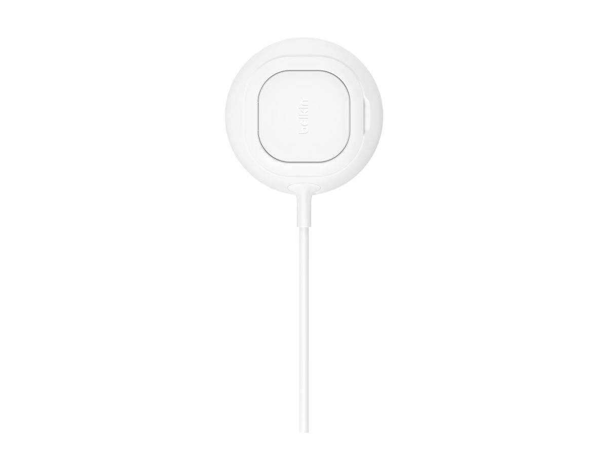 Weißes kabelloses Ladegerät mit langem Kabel auf einfachem Hintergrund.