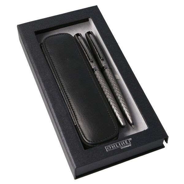 Geschenkset Füller & Kugelschreiber Eleganza Titan - inkl. Lederetui.