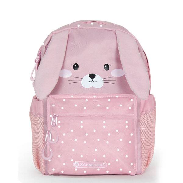 Rosa Kinderrucksack mit Hasengesicht, Schlappohren, Vordertasche und seitlichen Netztaschen auf weißem Hintergrund.