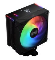 Ein schwarzer Computer-Kühlungslüfter mit mehrfarbigen LED-Lichtern beleuchtet und einem Temperaturanzeige-Display auf dem oberen digitalen Bildschirm.