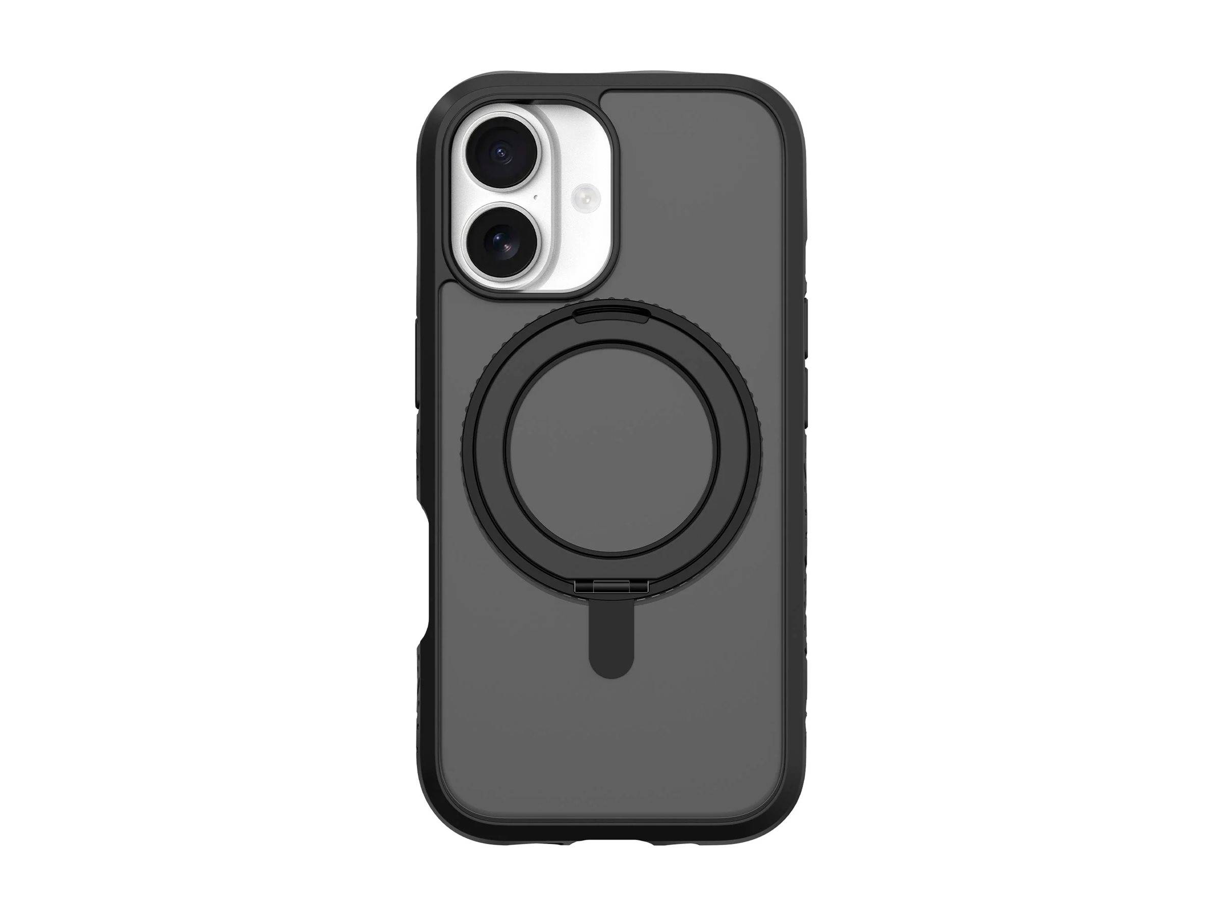 Ein schwarzes Handyhülle mit verstärkter Stoßkante und einem zentralen kreisförmigen Magnetring, entworfen für Smartphones, in Vorderansicht dargestellt.