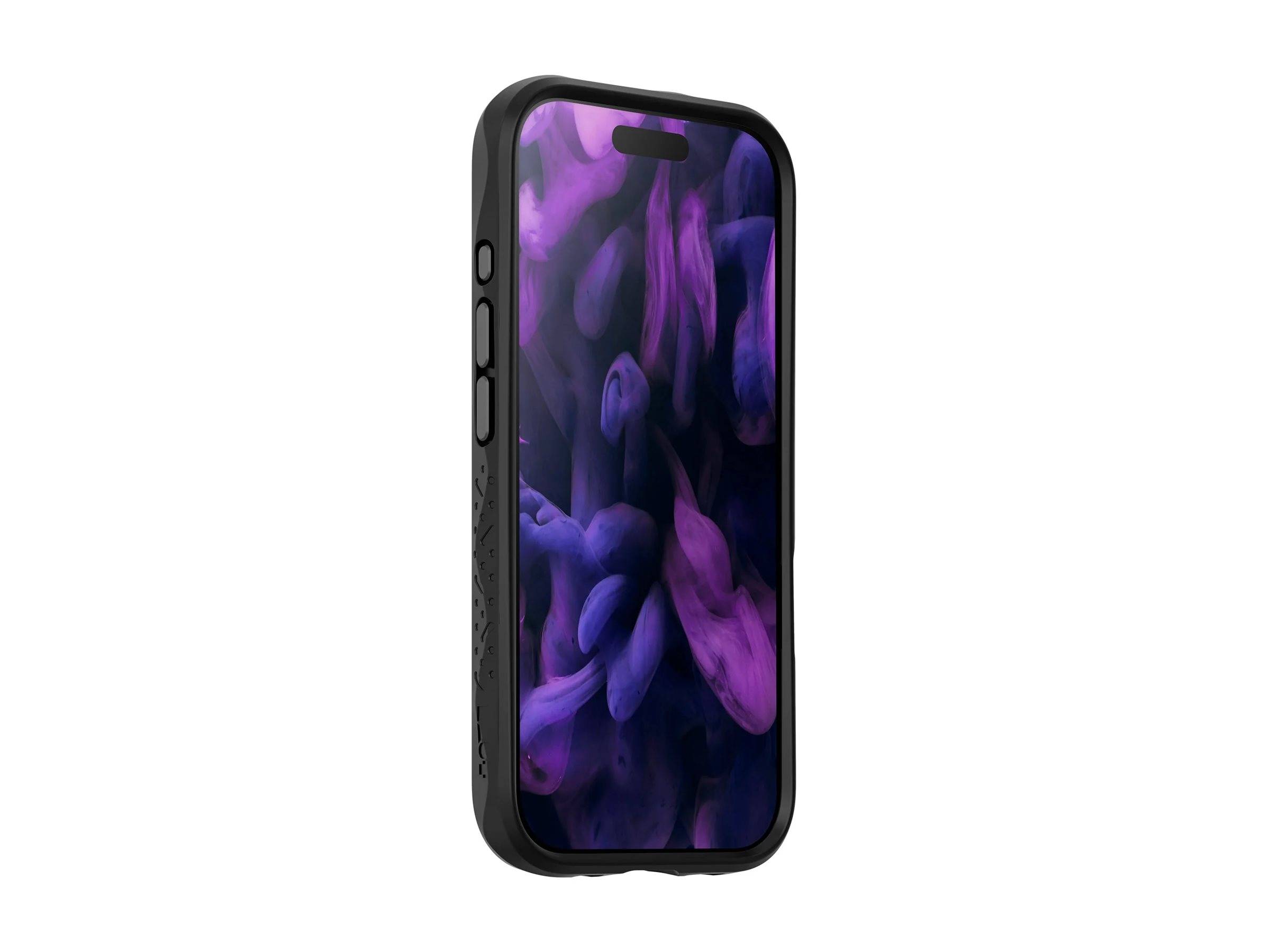 Schwarzes Smartphone mit violettem abstraktem Hintergrundbild, in einem Winkel auf weißem Hintergrund dargestellt.
