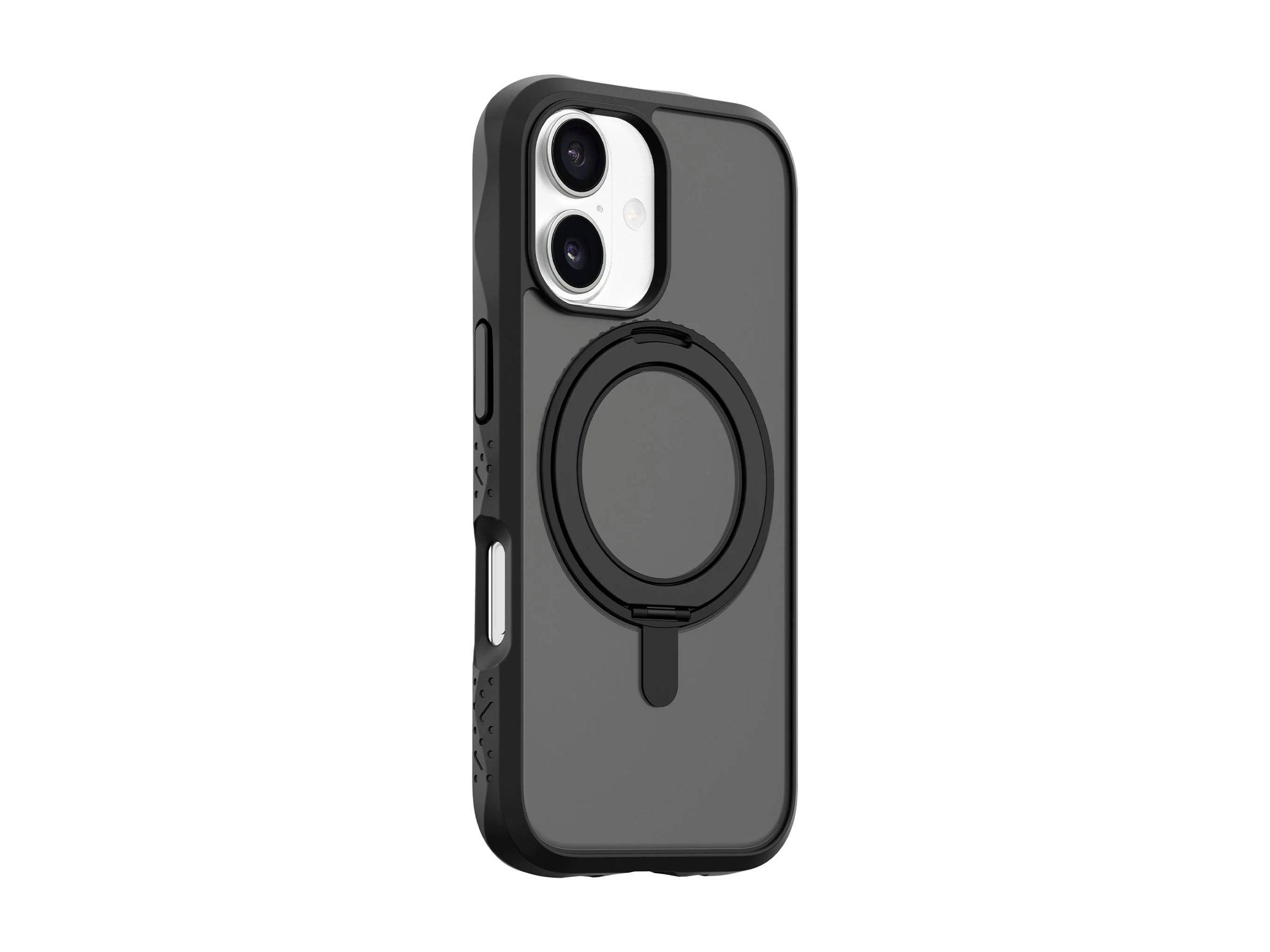 Schwarze iPhone-Hülle mit MagSafe-Ring und erhöhtem Kameraschutz, gezeigt auf weißem Hintergrund.