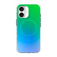 Ein Smartphone mit einer grün-blauen Farbverlauf-Schutzhülle mit dualen Rückkameras in der oberen linken Ecke auf weißem Hintergrund.