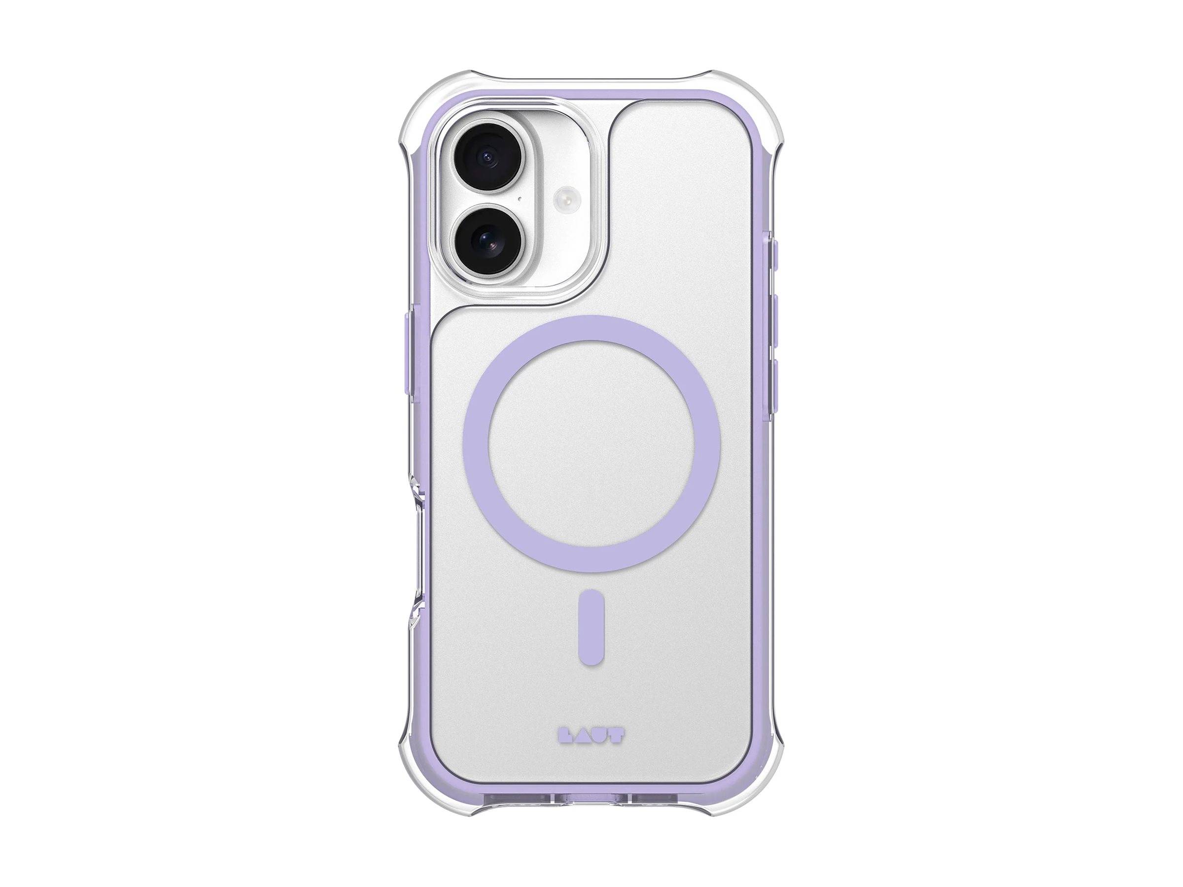 Handyhülle für iPhone 14 Plus mit violettem Akzent und MagSafe-Kompatibilität, transparentes Design zeigt die Handyfarbe, bietet Schutz.
