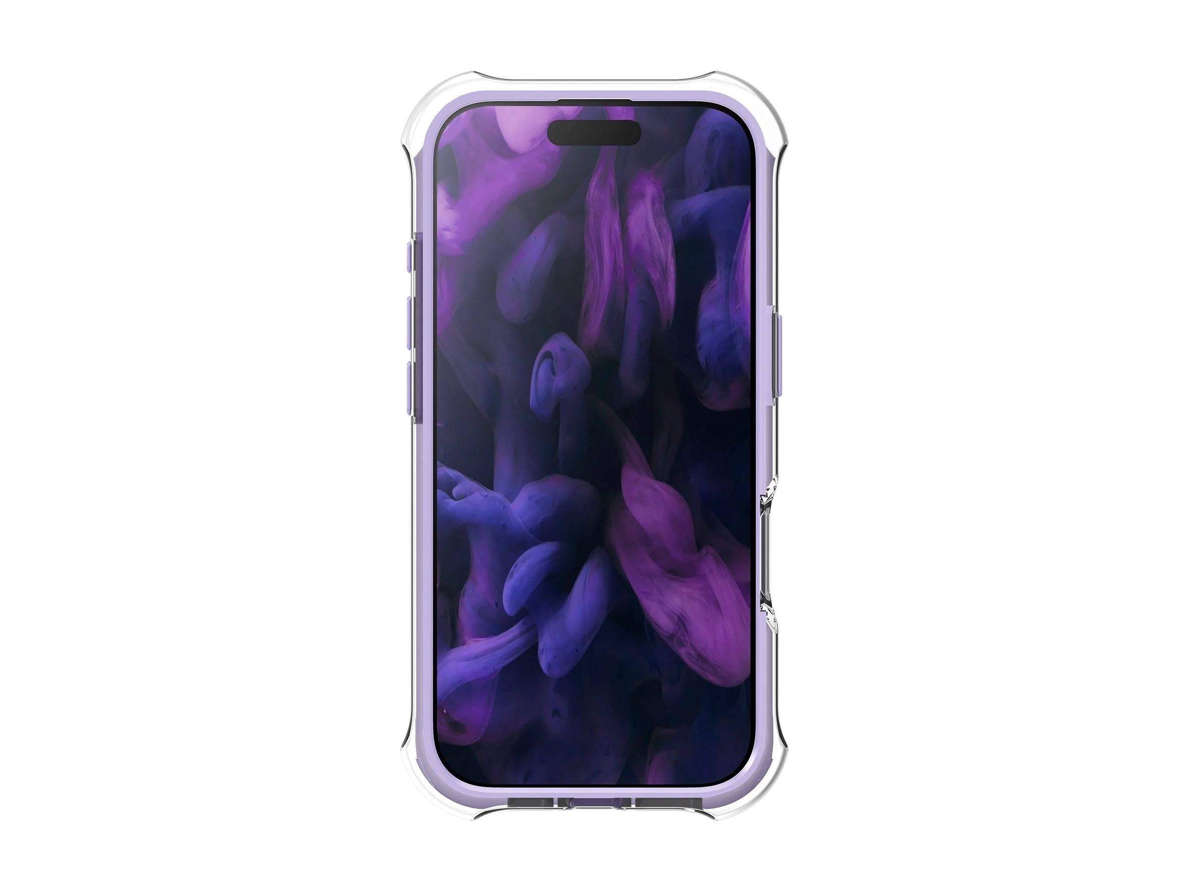 Ein Smartphone in einem transparenten Schutzgehäuse mit einem violetten abstrakten Hintergrundbild auf weißem Untergrund.