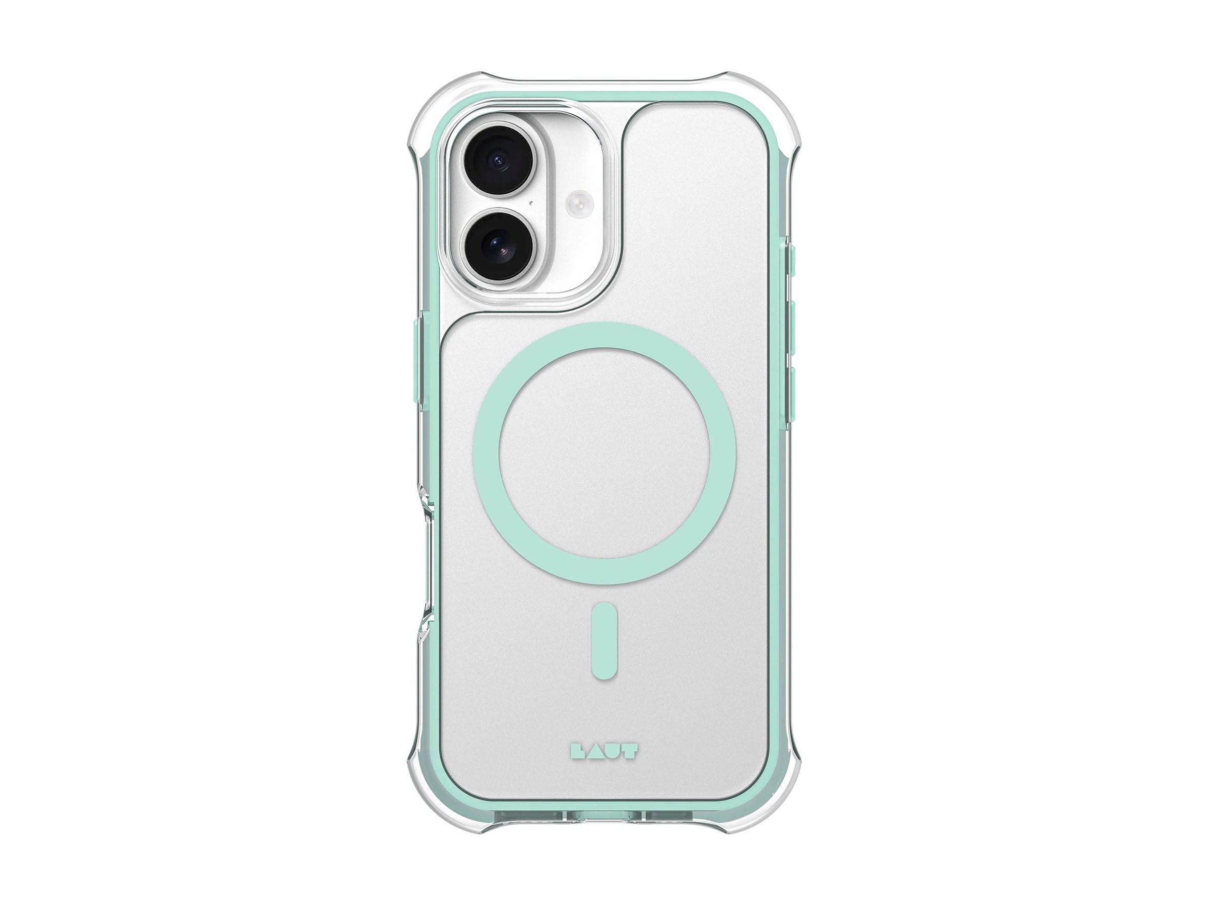 Durchsichtige Handyhülle mit verstärkten Ecken, transparente Rückseite mit grünem Kreisdesign, passend für ein Smartphone mit Dualkamera.