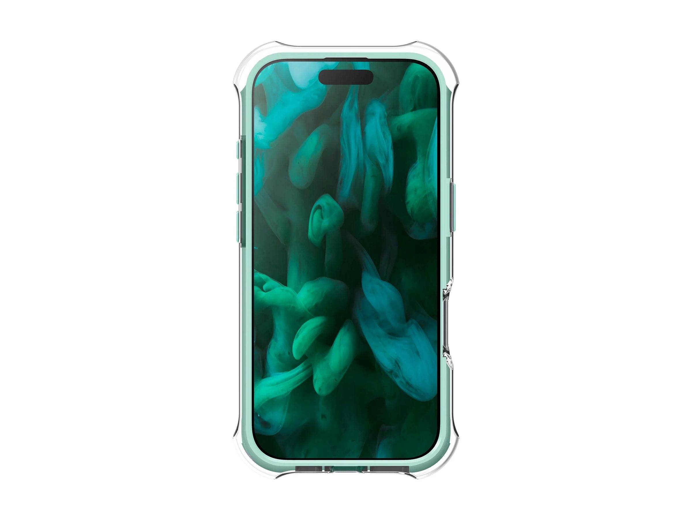 Eine transparente Handyhülle auf einem Smartphone, das ein abstraktes Teal- und Grün-Tapeten mit rauchartigem Muster anzeigt.