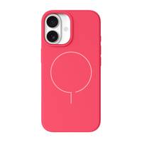 Ein rotes Smartphone-Case mit einem kreisförmigen Design auf der Rückseite, das zwei Kameraausschnitte oben aufweist.