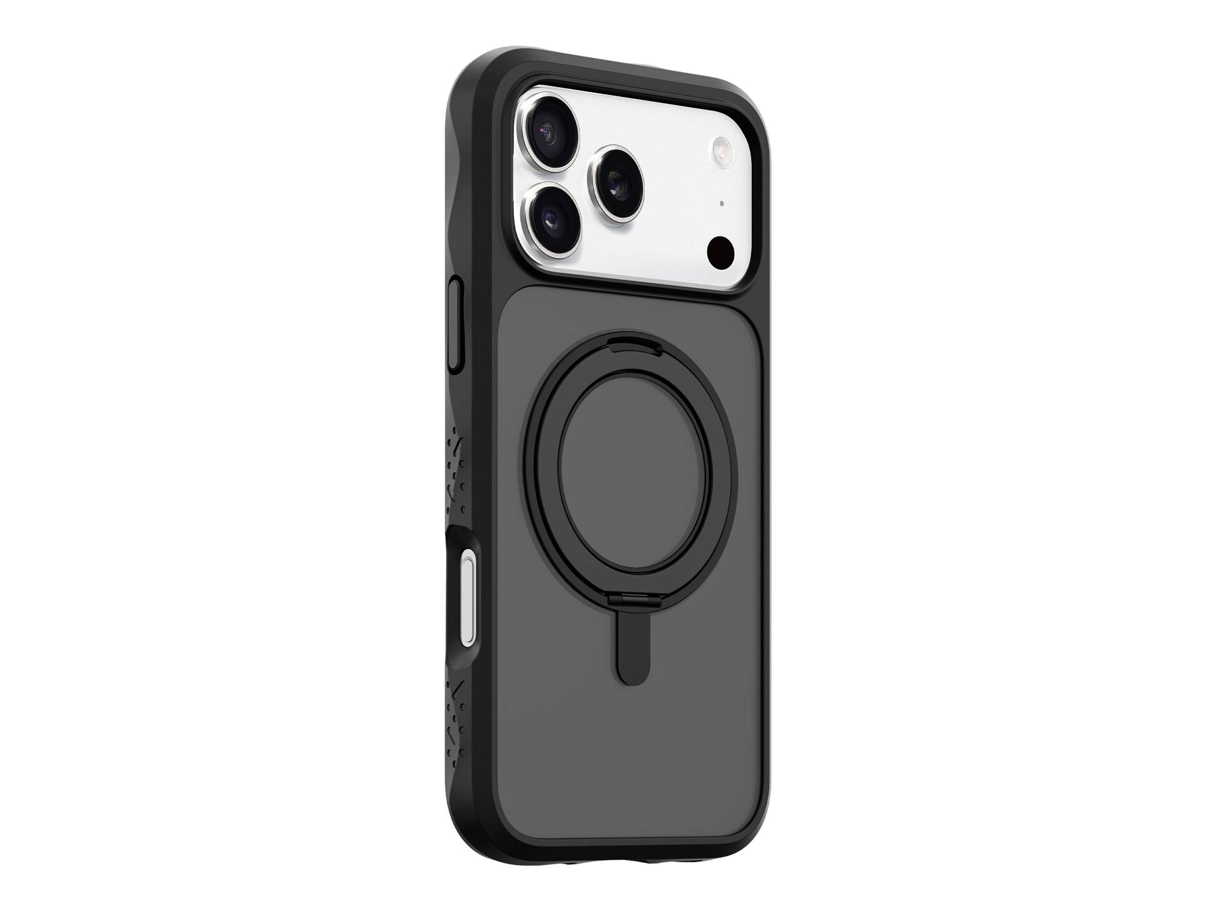 Schwarze Smartphone-Hülle mit kreisförmigem MagSafe-ähnlichem Ring und integriertem Kamera-Bumper, dargestellt in einer Drei-Viertel-Ansicht.