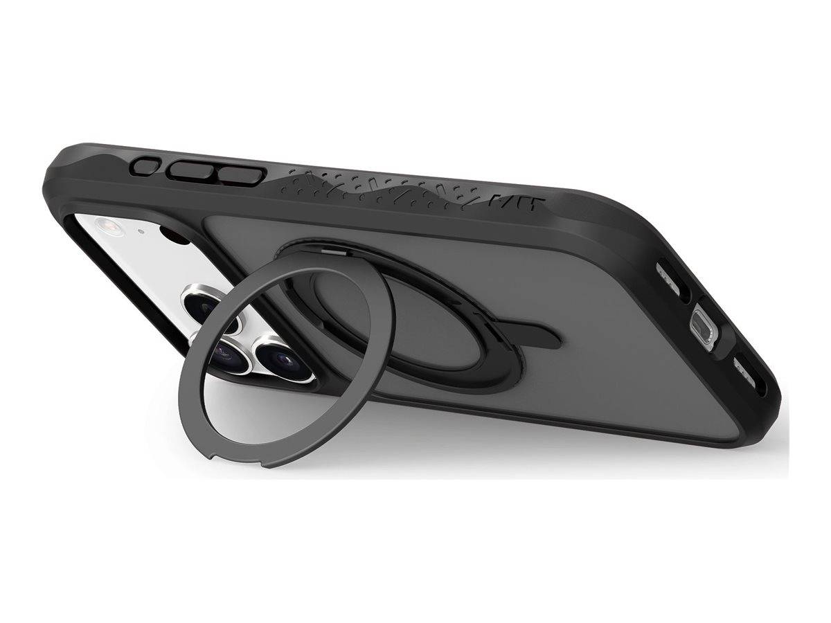 Schwarze Smartphone-Hülle mit integriertem rundem Ring-Ständer, in schräger Position gezeigt, um den hinteren Kameraausschnitt und die Seitentasten zu präsentieren.