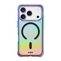 Ein Smartphone mit einer durchsichtigen Regenbogenverlauf-Hülle, das drei Kameraobjektive und ein großes schwarzes kreisförmiges Symbol auf der Rückseite aufweist.