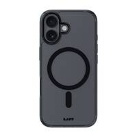 Ein schlankes, dunkles Smartphone-Etui mit einem kreisförmigen Design in der Mitte, zwei Kameraausschnitten oben links und dem Markennamen „LAUT