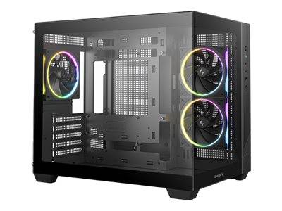 Ein PC-Gehäuse mit Glaspaneel und RGB-Beleuchtung der Lüfter, mit geräumigem Inneren für Custom-Builds, aus einem Winkel betrachtet.