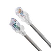 Zwei graue Ethernet-Kabel mit transparenten Steckern auf weißem Hintergrund, verwendet für Netzwerkverbindungen.